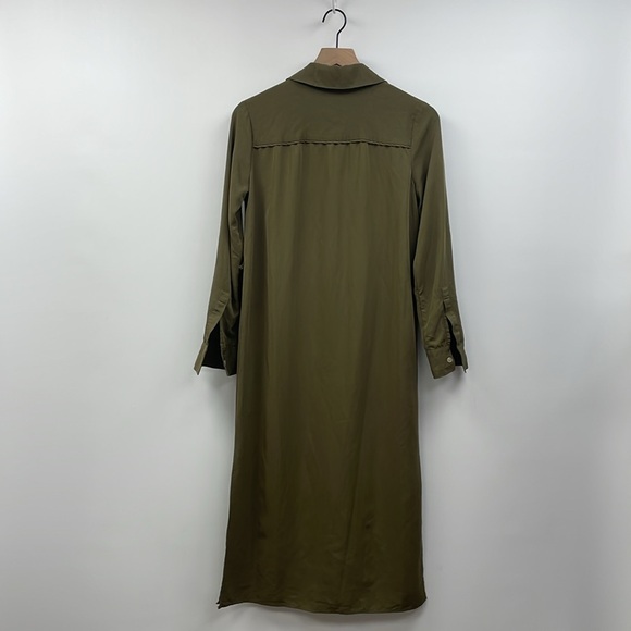 Halston Button Down Long Sleeve Split V-Neck Shirt Midi Dress Green XS - Picture 4 of 7